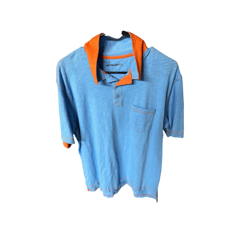 Johnston & Murphy Vintage Slub Polo.  Men's Large in Blue with orange accents.